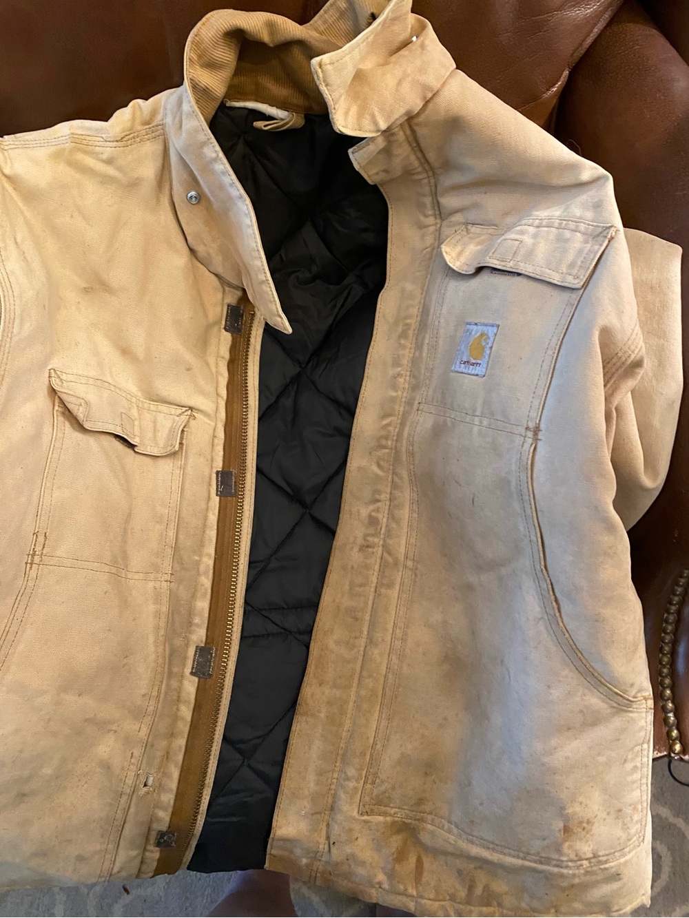 VINTAGE Carhartt Jacket Mens L Beige Arctic Collared Lined Workwear Parka Coat